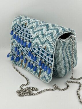 TikTok Sensation! Hand-beaded Womans Crossbody Bag, Blue Raindrops & Umbrellas